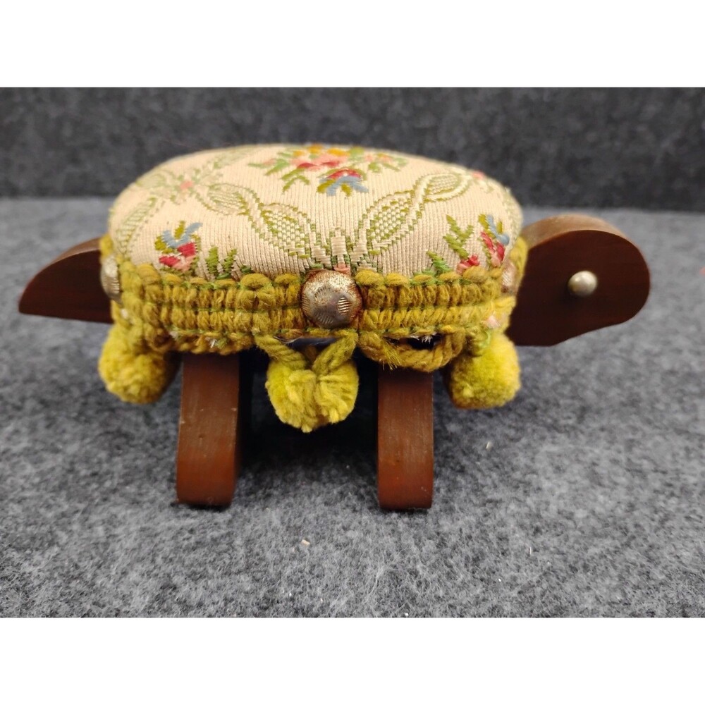 Vintage Pin Cushion Wooden Turtle Tortoise Handmade Folk Art